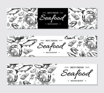 Seafood banner vector template set. Hand drawn illustration. Crab, lobster,.. Stock Illustration