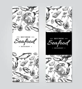 Seafood banner vector template set. Hand drawn illustration. Crab, lobster,.. Stock Illustration