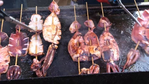 Seafood being cooked on barbeque. Stock Footage 94151786