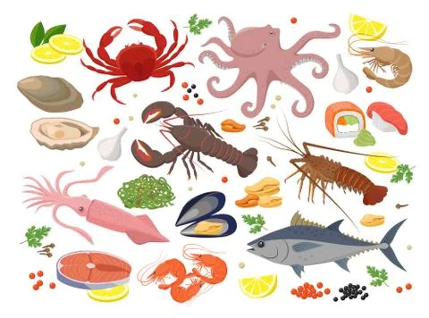 Seafood big collection of vector illustrations in flat design isolated on white Stock Illustration