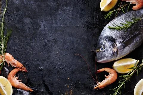Seafood on black background Fotos Stock