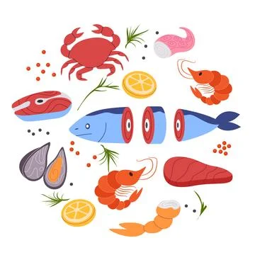Seafood collection set vector drawing illustration flat of fish shrimp crab t Stock Illustration