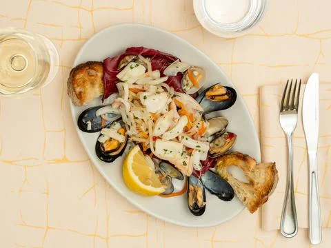 Seafood Delight with Wine Pairing Stock Photos