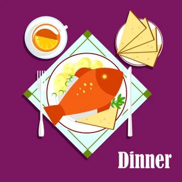 Seafood dinner with fried fish, bread and tea Stock Illustration