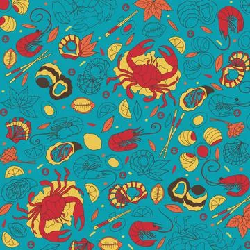 Seafood doodle pattern. Modern seafood illustration. Hand sketched seafood fish Stock Illustration