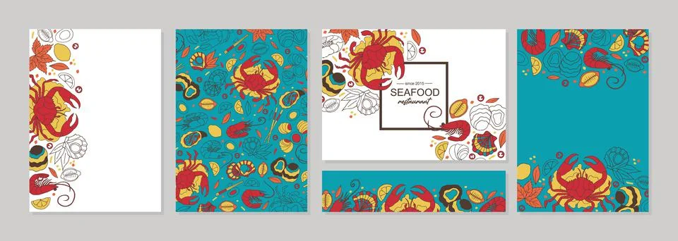 Seafood doodle restaurant menu with pattern. Hand sketched seafood fish and crab Stock Illustration