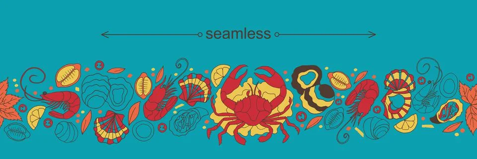 Seafood doodle seamless pattern. Modern seafood illustration. Hand sketched Stock Illustration