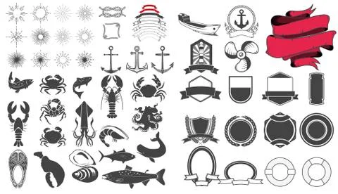 Seafood emblem design elements set Free Stock Illustration