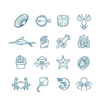 Seafood, fish thin line vector icons Illustrazione stock