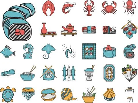 Seafood flat color icons vector collection Stock Illustration