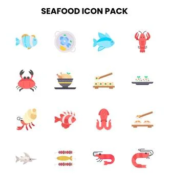Seafood Flat Vector Icons Pack Stock Illustration