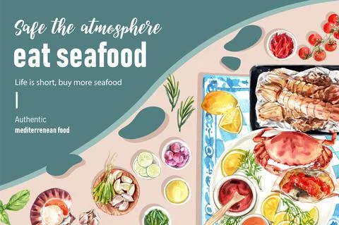 Seafood frame design with crab, crayfish, shell illustration watercolor. Stock Illustration