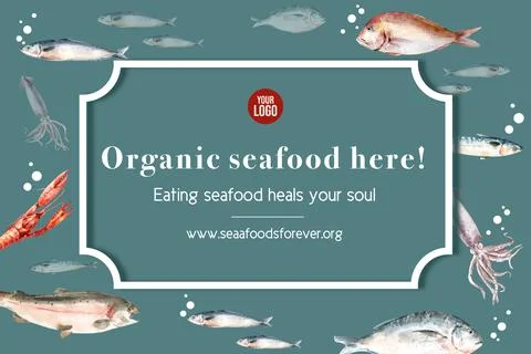 Seafood frame design with fish, crayfish, squid illustration watercolor. Stock Illustration