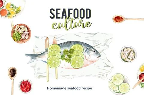 Seafood frame design with fish, lemon grass, garlic illustration watercolor. Stock Illustration