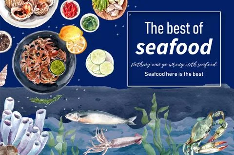 Seafood frame design with fish, squid, crab illustration watercolor. Stock Illustration