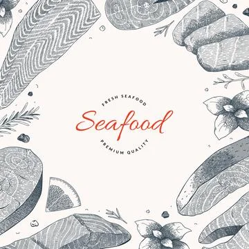 Seafood frame template, vector template with hand drawn ink illustrations of Illustrazione stock