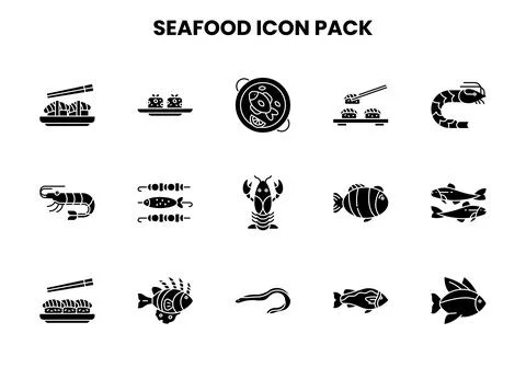 Seafood Glyph Bundle Icons Pack Illustrazione stock