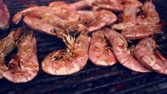 Seafood Grill. Grilled Shrimps On Barbecue Grill. Cooking Seafood On Barbeque Stock Footage