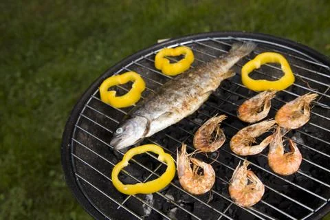 Seafood on grill Foto stock
