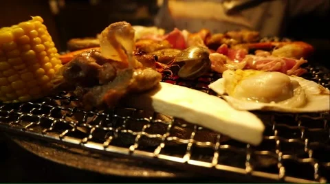 Seafood grilling on the grill plate Stock Footage 54440320
