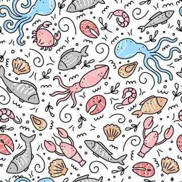 Seafood hand draen seamless pattern. Vector illustration. Stock Illustration