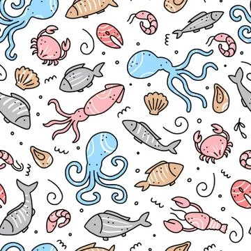 Seafood hand draen seamless pattern. Vector illustration. Stock Illustration