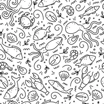 Seafood hand draen seamless pattern. Vector illustration. Stock Illustration