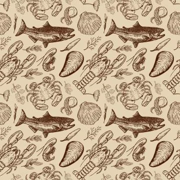 Seafood hand drawn seamless pattern. Design element for poster, wrapping pape Stock Illustration