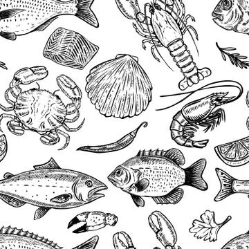 Seafood hand drawn seamless pattern. Design element for poster, Illustrazione stock