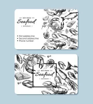 Seafood hand drawn vector business card. Crab, lobster, shrimp, oyster, mus.. Stock Illustration