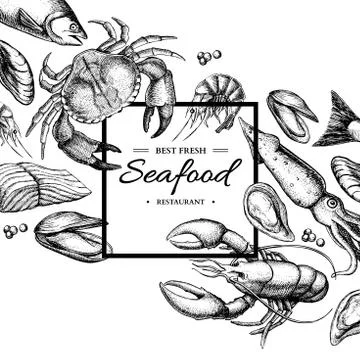 Seafood hand drawn vector framed illustration. Crab, lobster, shrimp, oyste.. Stock Illustration