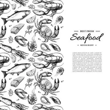 Seafood hand drawn vector framed illustration. Crab, lobster, shrimp, oyste.. Stock Illustration