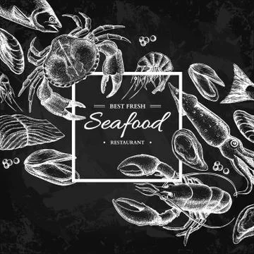 Seafood hand drawn vector framed illustration. Engraved style blackboard te.. Stock Illustration