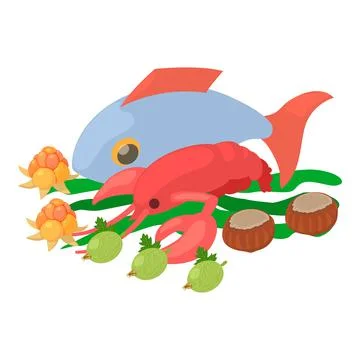 Seafood icon isometric vector. Fresh fish cooked red crayfish and seaweed icon Illustrazione stock