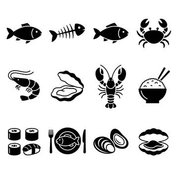 Seafood icon set featuring fish, shrimp, crab, lobster, sushi, oyster, and .. Stock Illustration