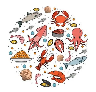 Seafood icons set in round shape, line, sketch, doodle style. Sea food Stock Illustration