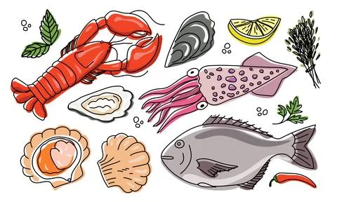 Seafood illustration vector set. Fresh seafood hand drawn set. Stock Illustration