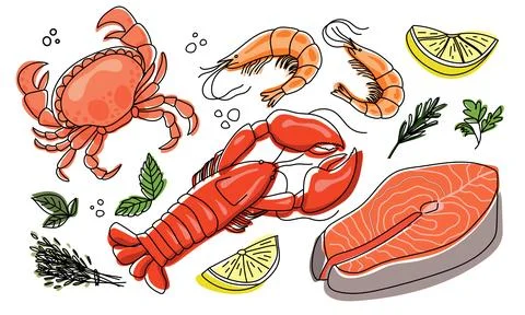 Seafood illustration vector set. Shrimp, salmon slice, crab, lobster. Stock Illustration