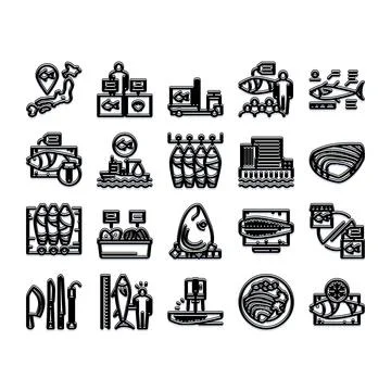 Seafood industry supply chain processing and commerce icons Stock Illustration