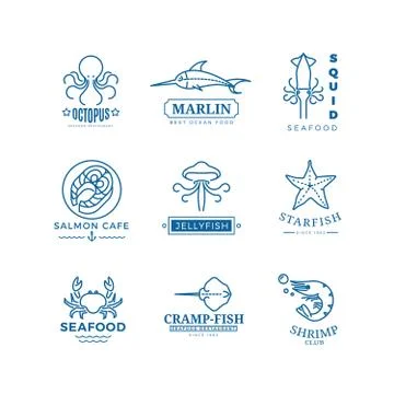 Seafood labels thin line vector logos, emblems Ilustração Stock