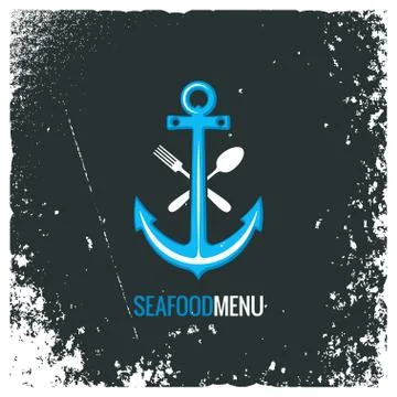 Seafood logo with anchor, fork and spoon Stock Illustration