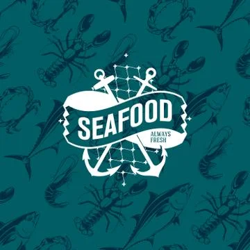 Seafood logo on seamless pattern with tuna, shrimp, crab and lobster, vector  Illustrazione stock
