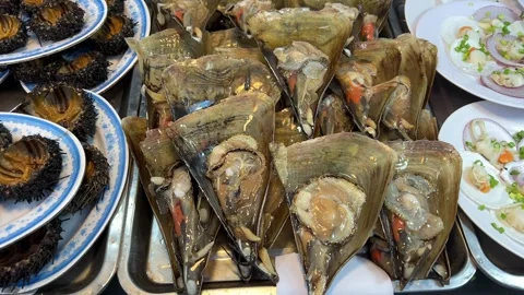 Seafood market display Buffet table with sausage, sausages and sandwiches Stock Footage 308692563