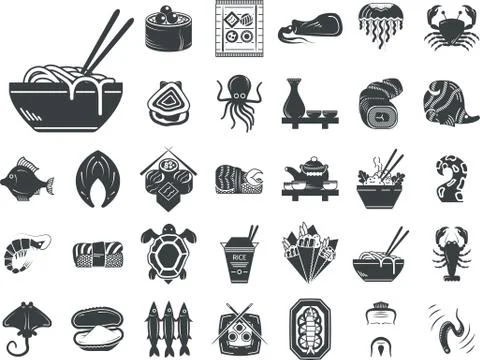 Seafood menu black monochrome vector icons Stock Illustration