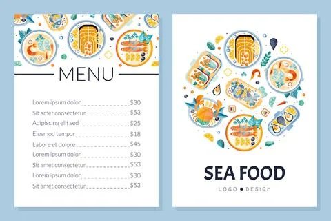 Seafood Menu Design with Fish and Shellfish Dish Served on Plate Vector Template Stock Illustration
