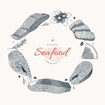 Seafood menu design, frame vector template with logo and hand drawn ink Stock Illustration