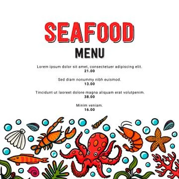 Seafood menu in doodle style. Vector icons mussel, fish, shrimp, octopus Stock Illustration
