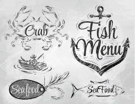 Seafood menu elements coal Stock Illustration