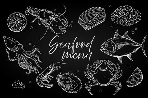 Seafood, menu set. Linear chalk black and white vector drawing, hand drawn .. Illustrazione stock