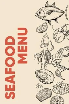 Seafood menu template  hand drawn fish and ocean elements Stock Illustration